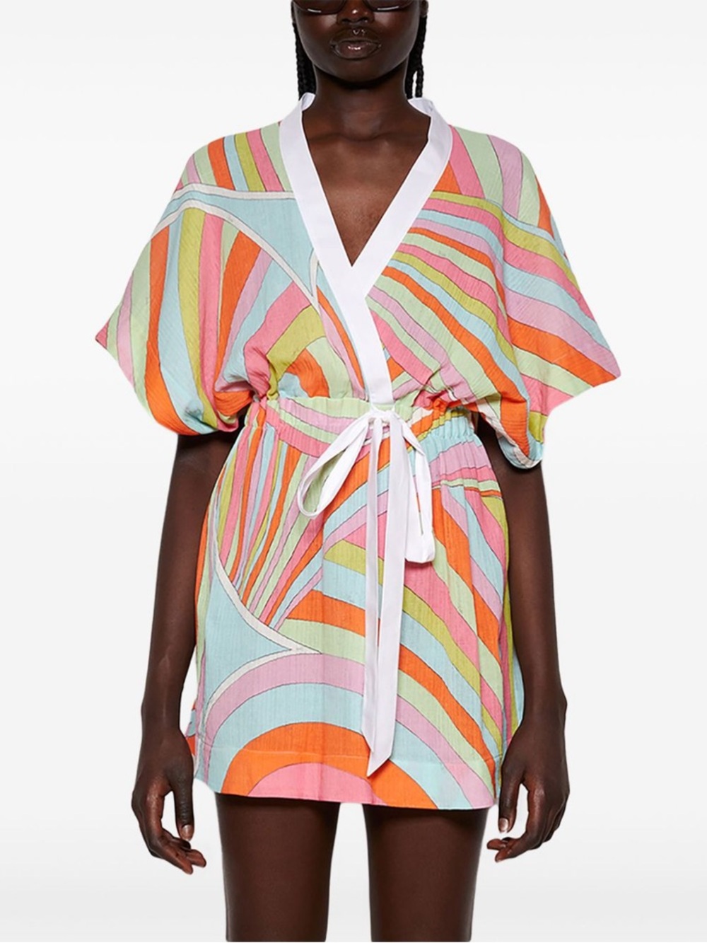 Emilio Pucci Iride Print Pastel Multi Striped Wrap Dress with White Trim